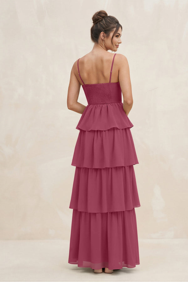 Cami Strap Tiered A - Line Chiffon Bridesmaid Dress in Desert Rose - SHE IS ME Bridesmaid Dresses