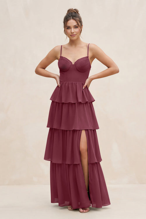 Cami Strap Tiered A-Line Chiffon Bridesmaid Dress in Desert Rose | KISSBRIDAL
