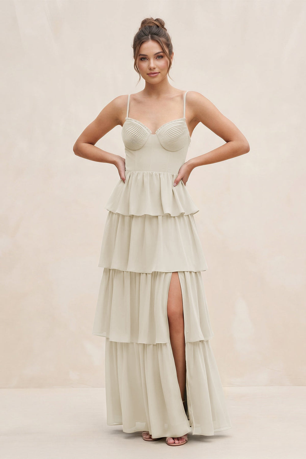Cami Strap Tiered A - Line Chiffon Bridesmaid Dress in Dove Gray - KISS BRIDAL Bridesmaid Dresses