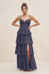 Cami Strap Tiered A - Line Chiffon Bridesmaid Dress in Dusk Blue - KISS BRIDAL Bridesmaid Dresses