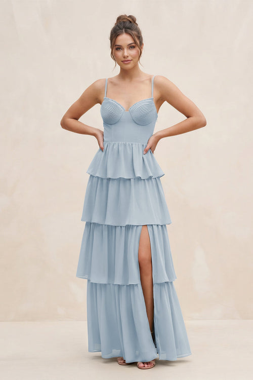 Cami Strap Tiered A - Line Chiffon Bridesmaid Dress in Dusty Blue - SHE IS ME Bridesmaid Dresses