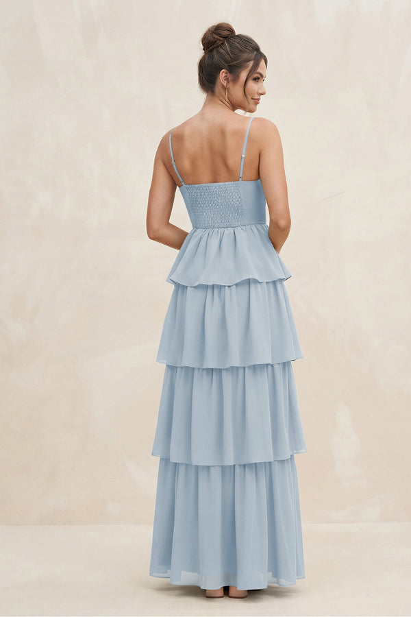 Cami Strap Tiered A - Line Chiffon Bridesmaid Dress in Dusty Blue - SHE IS ME Bridesmaid Dresses