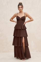Cami Strap Tiered A - Line Chiffon Bridesmaid Dress in Espresso - KISS BRIDAL Bridesmaid Dresses