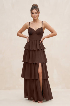 Cami Strap Tiered A - Line Chiffon Bridesmaid Dress in Espresso - SHE IS ME Bridesmaid Dresses