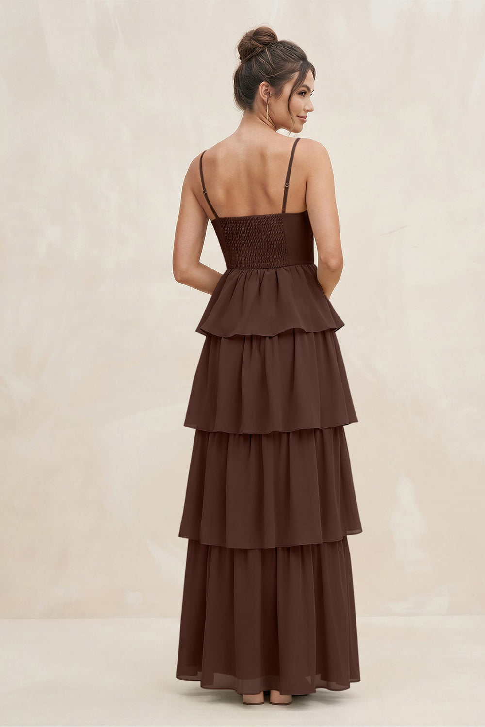 Cami Strap Tiered A - Line Chiffon Bridesmaid Dress in Espresso - KISS BRIDAL Bridesmaid Dresses
