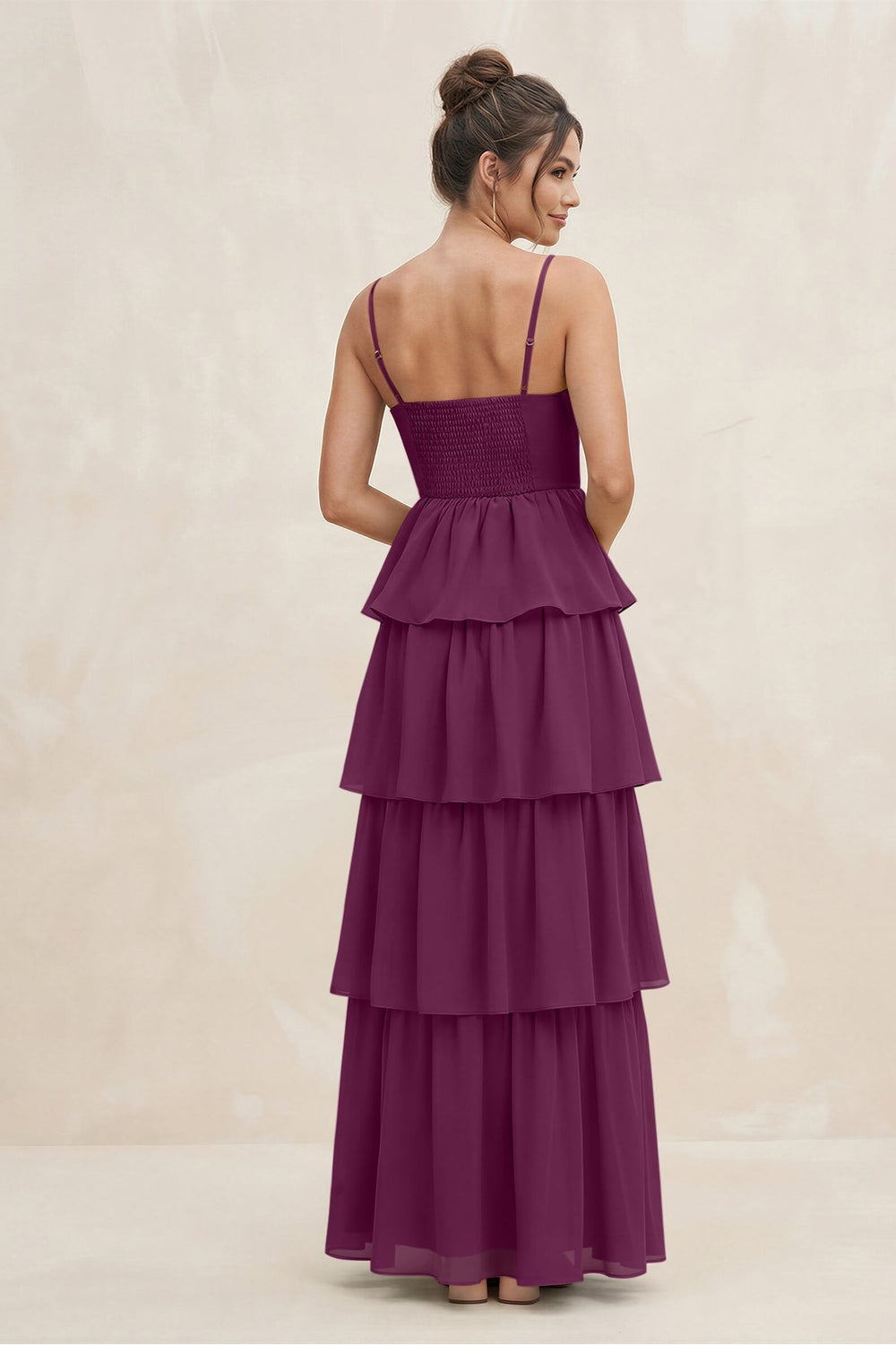 Cami Strap Tiered A - Line Chiffon Bridesmaid Dress in Fig - KISS BRIDAL Bridesmaid Dresses