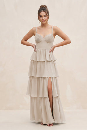 Cami Strap Tiered A - Line Chiffon Bridesmaid Dress in Frost - SHE IS ME Bridesmaid Dresses