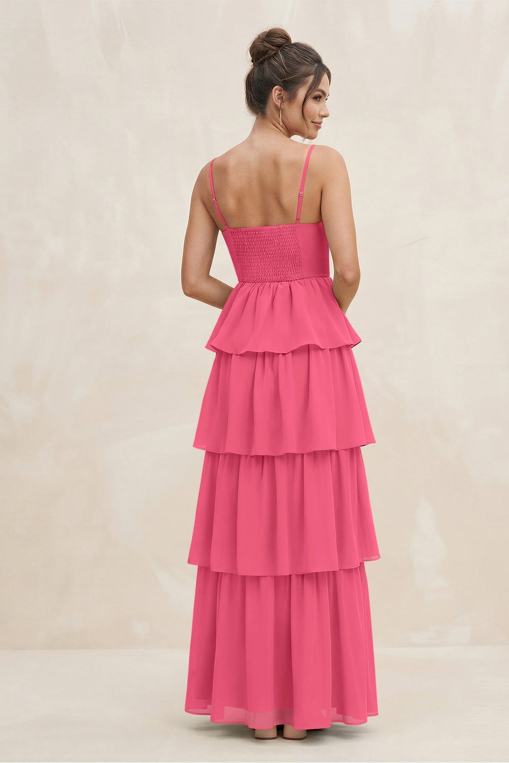 Cami Strap Tiered A - Line Chiffon Bridesmaid Dress in Fuchsia - KISS BRIDAL Bridesmaid Dresses