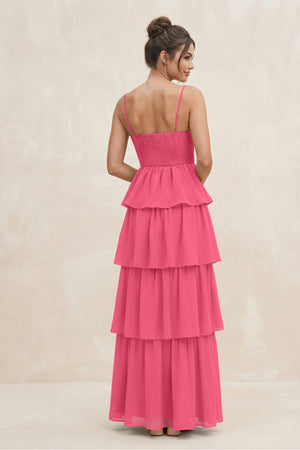 Cami Strap Tiered A - Line Chiffon Bridesmaid Dress in Fuchsia - SHE IS ME Bridesmaid Dresses