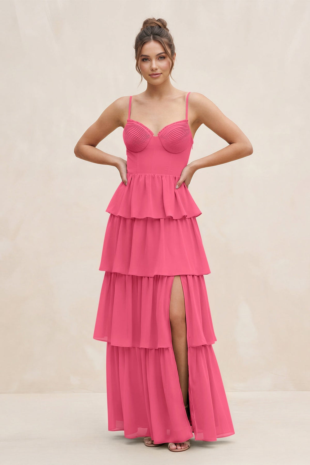 Cami Strap Tiered A - Line Chiffon Bridesmaid Dress in Fuchsia - KISS BRIDAL Bridesmaid Dresses
