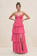 Cami Strap Tiered A - Line Chiffon Bridesmaid Dress in Fuchsia - SHE IS ME Bridesmaid Dresses