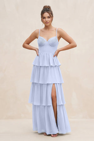 Cami Strap Tiered A - Line Chiffon Bridesmaid Dress in Ice - SHE IS ME Bridesmaid Dresses
