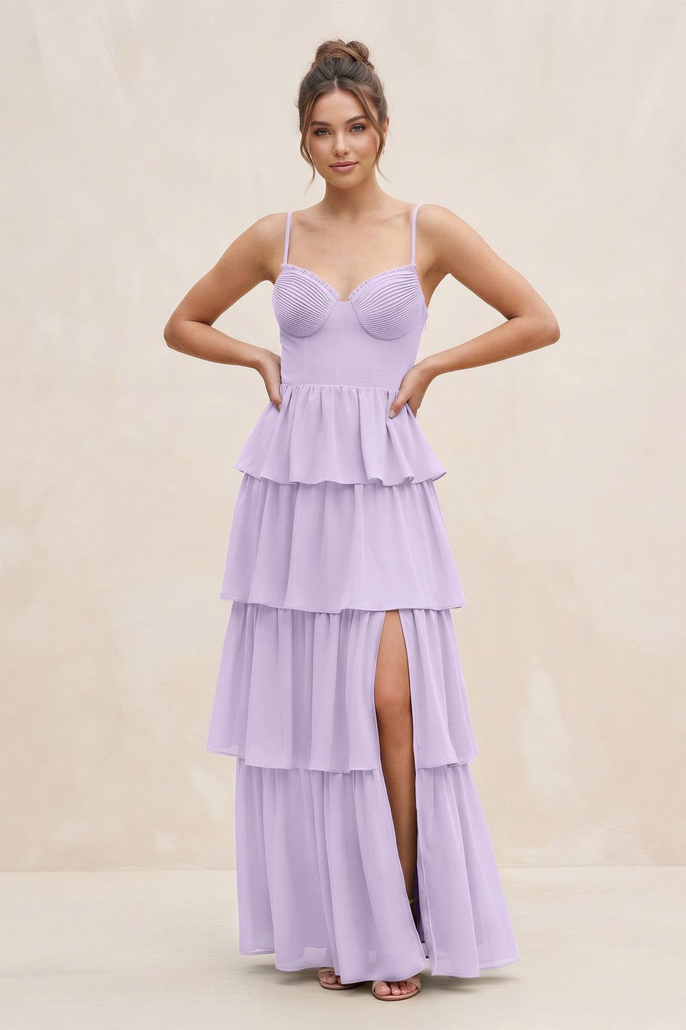Cami Strap Tiered A - Line Chiffon Bridesmaid Dress in Lavender - KISS BRIDAL Bridesmaid Dresses