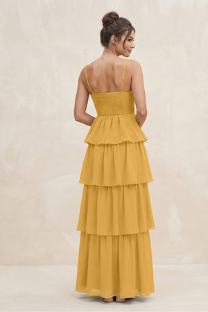 Cami Strap Tiered A - Line Chiffon Bridesmaid Dress in Marigold - SHE IS ME Bridesmaid Dresses