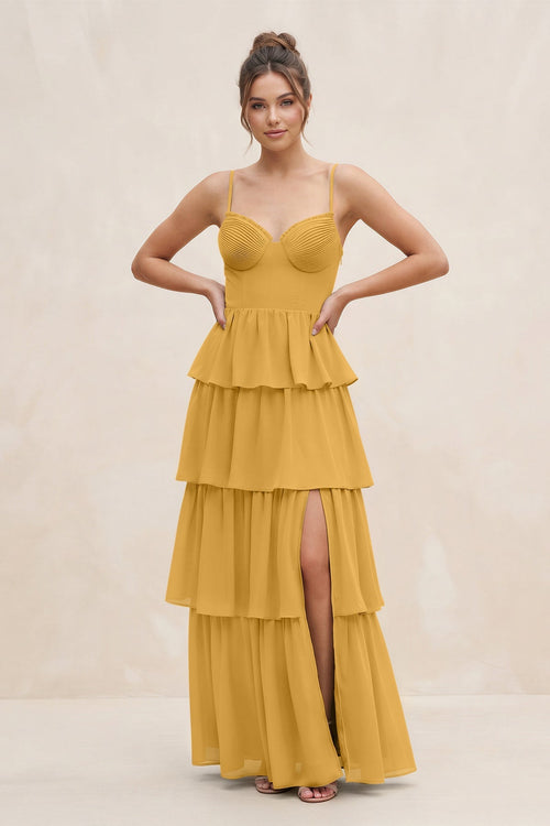 Cami Strap Tiered A - Line Chiffon Bridesmaid Dress in Marigold - SHE IS ME Bridesmaid Dresses