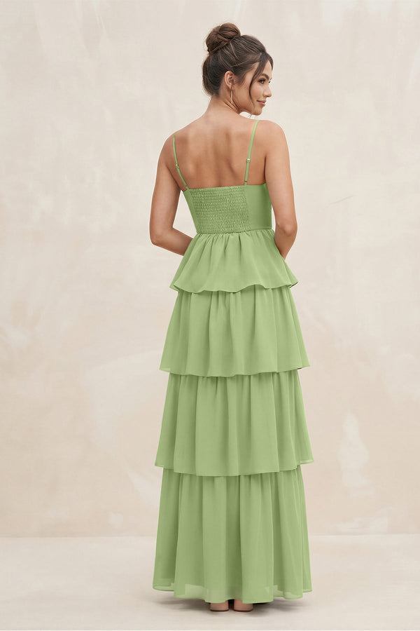 Cami Strap Tiered A - Line Chiffon Bridesmaid Dress in Matcha - SHE IS ME Bridesmaid Dresses