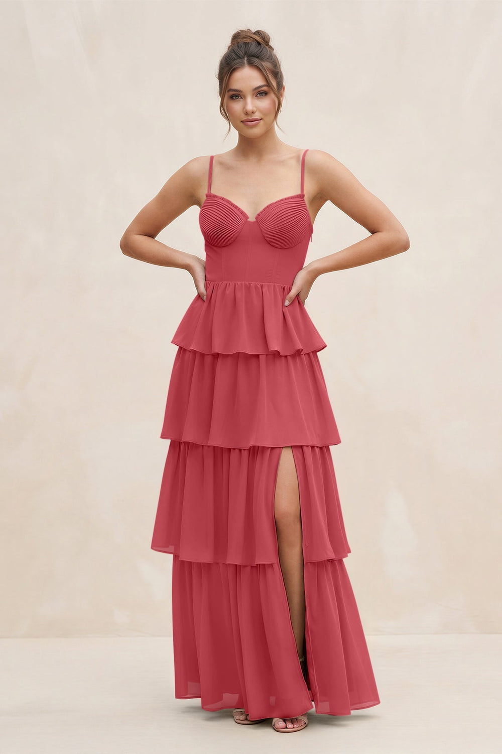 Cami Strap Tiered A - Line Chiffon Bridesmaid Dress in Merlot - KISS BRIDAL Bridesmaid Dresses