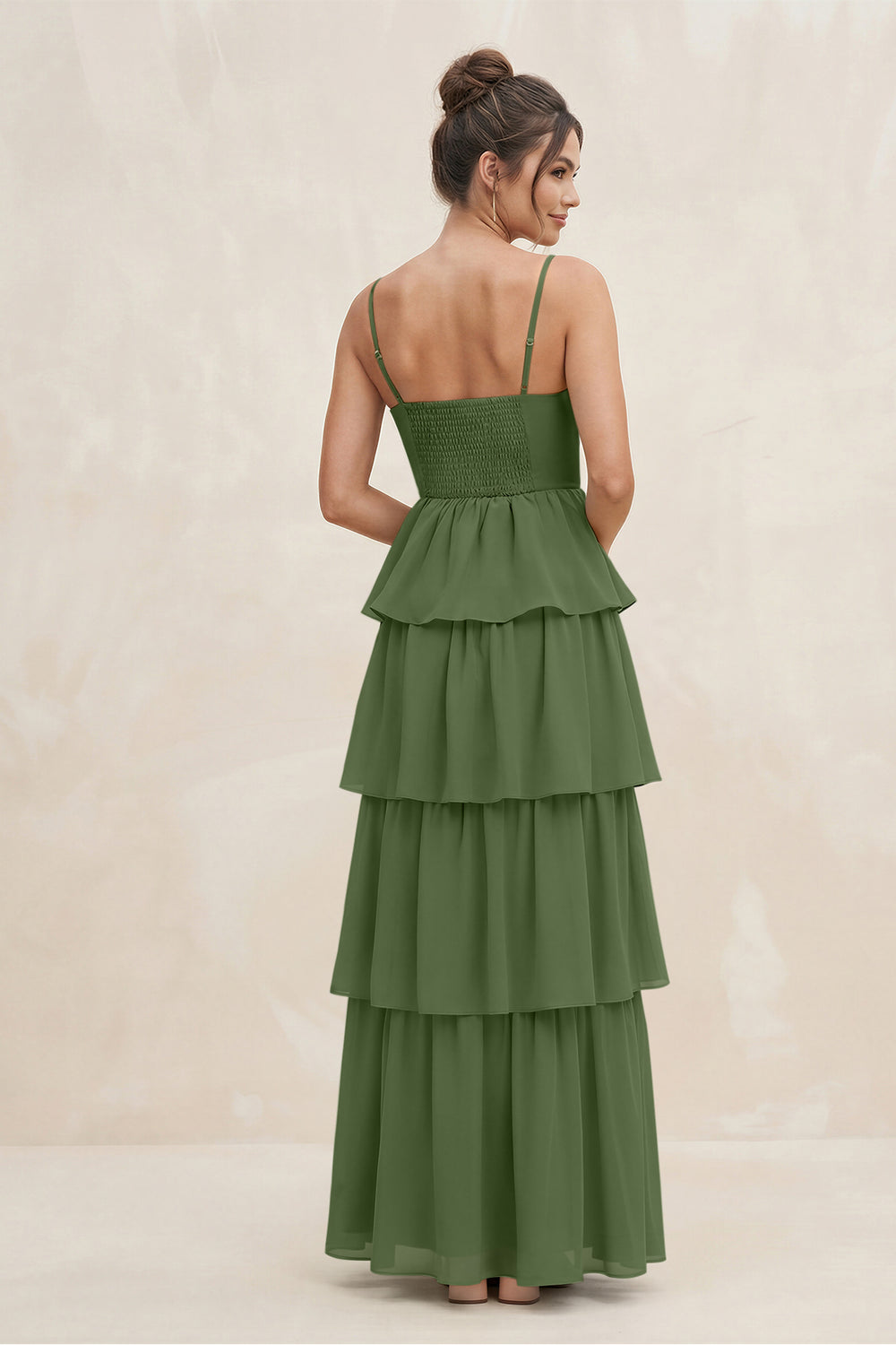 Cami Strap Tiered A-Line Chiffon Bridesmaid Dress in Moss