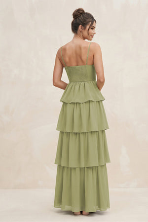 Cami Strap Tiered A - Line Chiffon Bridesmaid Dress in Moss Green - SHE IS ME Bridesmaid Dresses