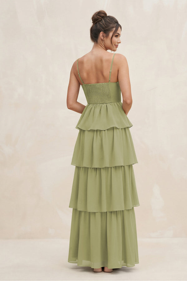 Cami Strap Tiered A - Line Chiffon Bridesmaid Dress in Moss Green - SHE IS ME Bridesmaid Dresses