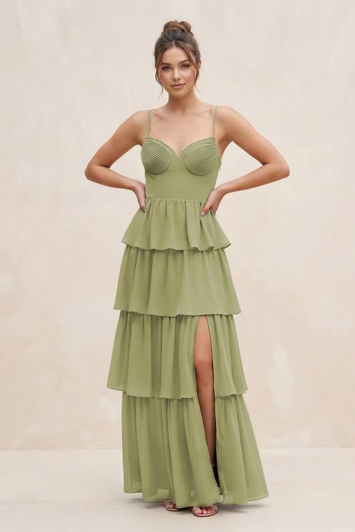 Cami Strap Tiered A - Line Chiffon Bridesmaid Dress in Moss Green - SHE IS ME Bridesmaid Dresses