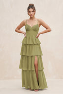 Cami Strap Tiered A-Line Chiffon Bridesmaid Dress in Moss Green | KISSBRIDAL