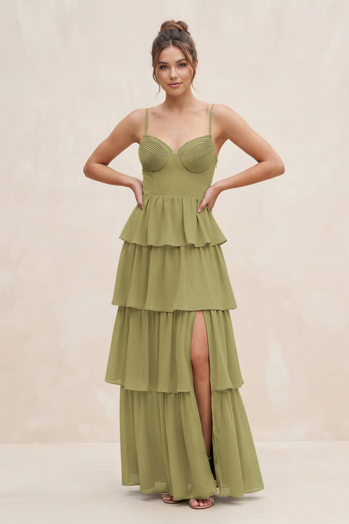 Cami Strap Tiered A-Line Chiffon Bridesmaid Dress in Moss Green | KISSBRIDAL