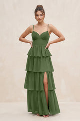 Cami Strap Tiered A-Line Chiffon Bridesmaid Dress in Moss | KISSBRIDAL