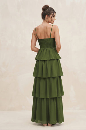 Cami Strap Tiered A - Line Chiffon Bridesmaid Dress in Olive - SHE IS ME Bridesmaid Dresses