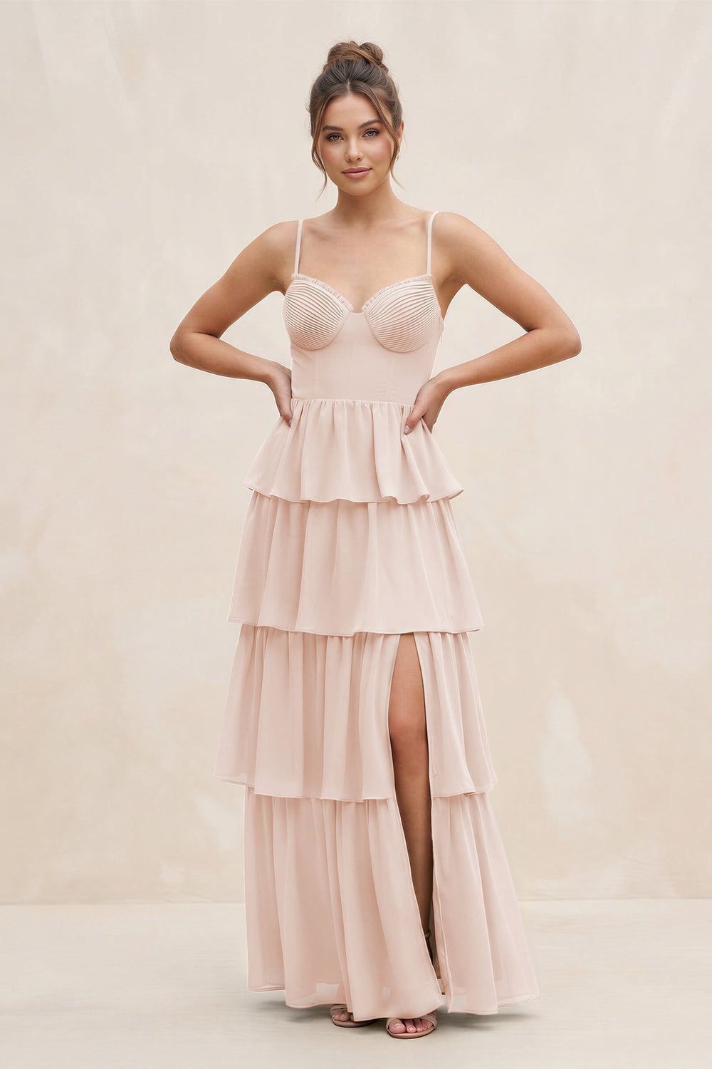Cami Strap Tiered A - Line Chiffon Bridesmaid Dress in Pale Blush - KISS BRIDAL Bridesmaid Dresses