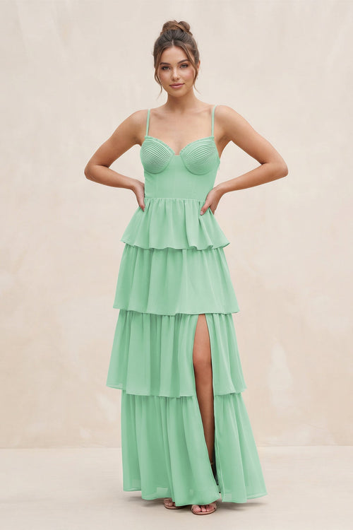 Cami Strap Tiered A - Line Chiffon Bridesmaid Dress in Pale Pistachio - SHE IS ME Bridesmaid Dresses