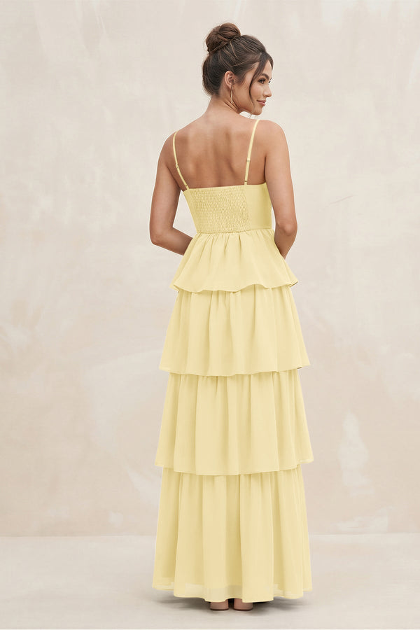 Cami Strap Tiered A - Line Chiffon Bridesmaid Dress in Pastel Yellow - SHE IS ME Bridesmaid Dresses
