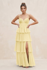 Cami Strap Tiered A - Line Chiffon Bridesmaid Dress in Pastel Yellow - KISS BRIDAL Bridesmaid Dresses