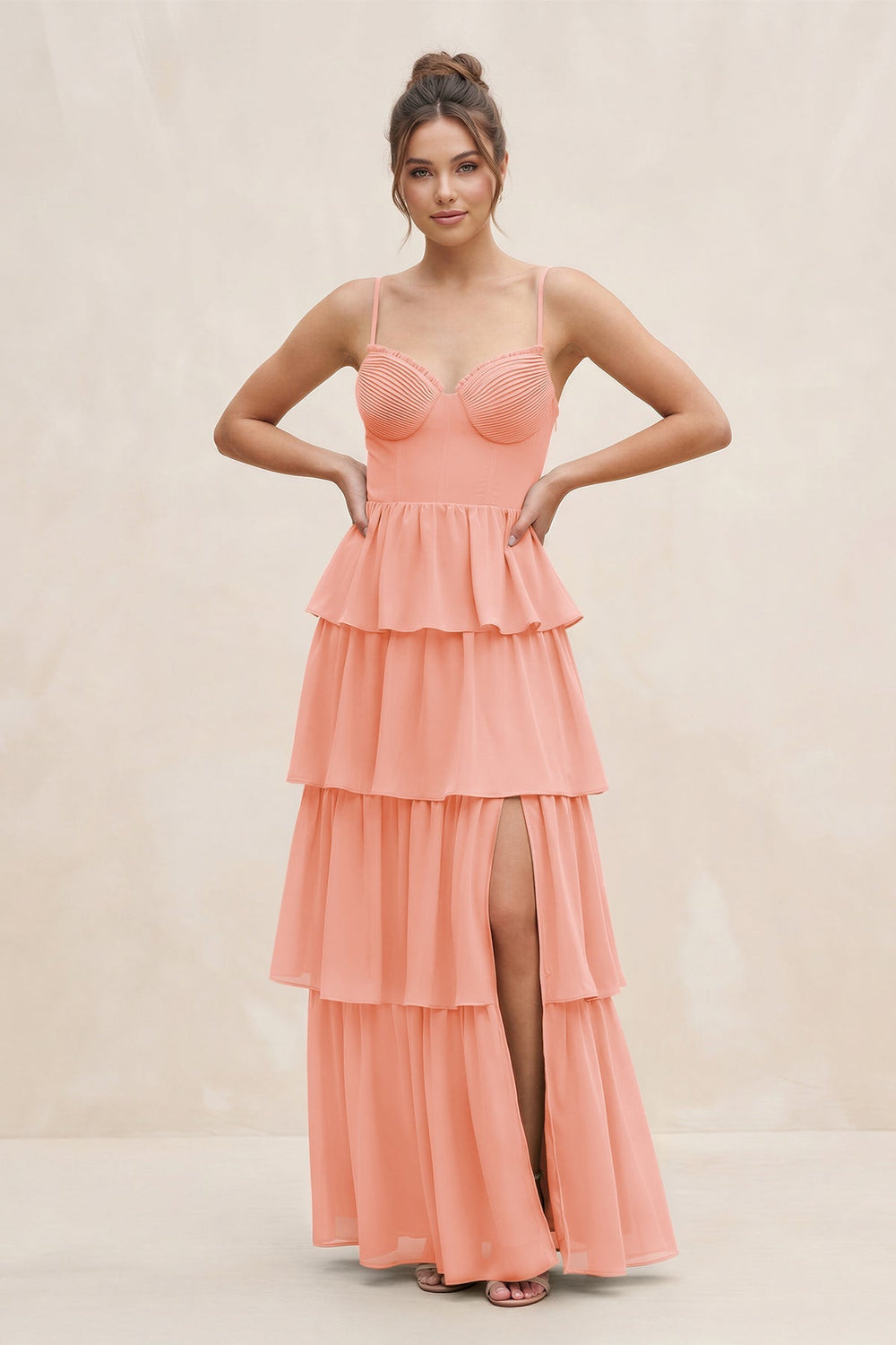 Cami Strap Tiered A - Line Chiffon Bridesmaid Dress in Rosette - KISS BRIDAL Bridesmaid Dresses