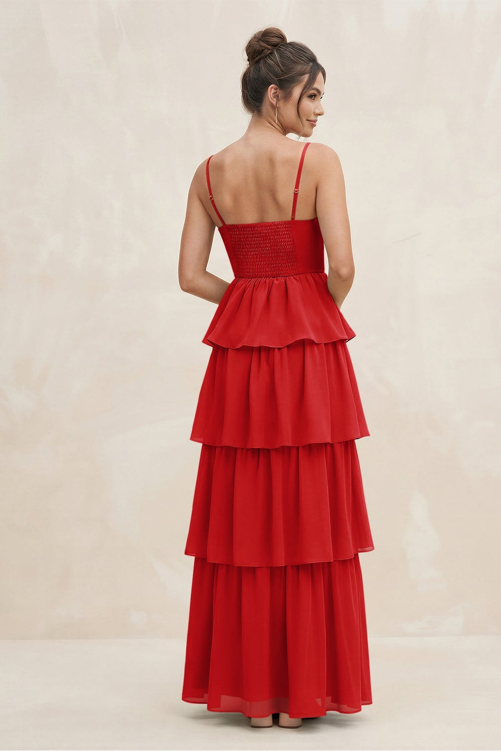 Cami Strap Tiered A - Line Chiffon Bridesmaid Dress in Ruby Red - KISS BRIDAL Bridesmaid Dresses
