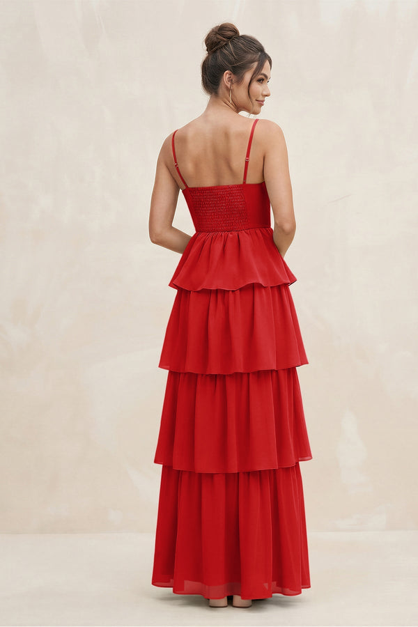 Cami Strap Tiered A - Line Chiffon Bridesmaid Dress in Ruby Red - SHE IS ME Bridesmaid Dresses