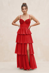 Cami Strap Tiered A - Line Chiffon Bridesmaid Dress in Ruby Red - KISS BRIDAL Bridesmaid Dresses