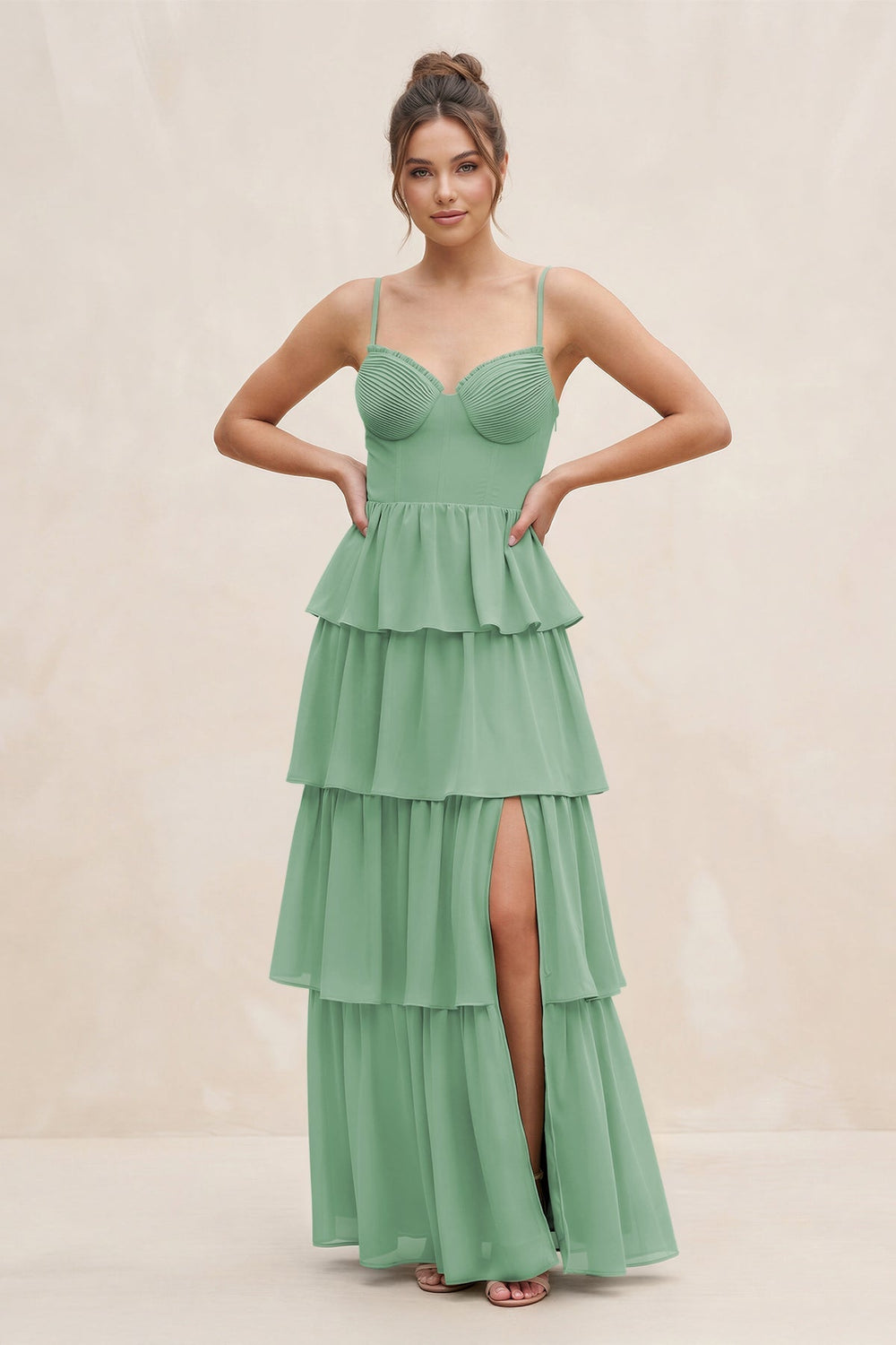 Cami Strap Tiered A - Line Chiffon Bridesmaid Dress in Sea Glass - KISS BRIDAL Bridesmaid Dresses