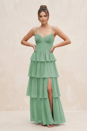 Cami Strap Tiered A - Line Chiffon Bridesmaid Dress in Sea Glass - SHE IS ME Bridesmaid Dresses