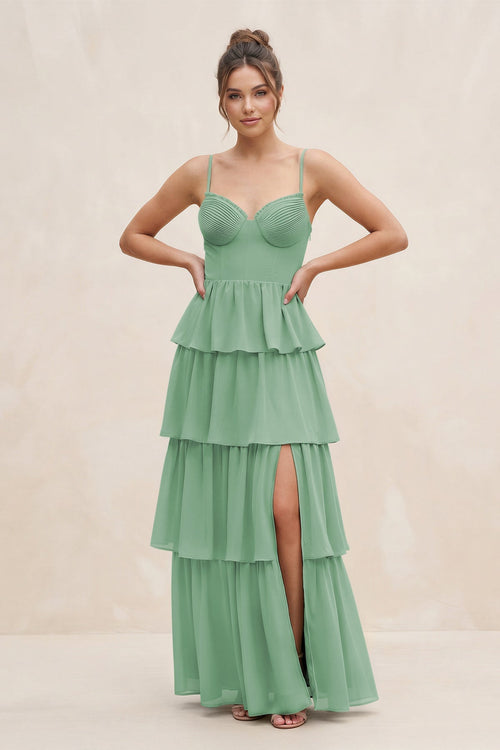 Cami Strap Tiered A - Line Chiffon Bridesmaid Dress in Sea Glass - SHE IS ME Bridesmaid Dresses