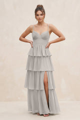 Cami Strap Tiered A - Line Chiffon Bridesmaid Dress in Silver - KISS BRIDAL Bridesmaid Dresses