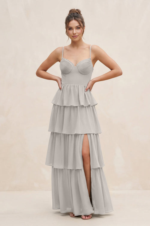 Cami Strap Tiered A - Line Chiffon Bridesmaid Dress in Silver - SHE IS ME Bridesmaid Dresses