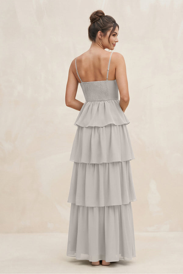 Cami Strap Tiered A - Line Chiffon Bridesmaid Dress in Silver - SHE IS ME Bridesmaid Dresses