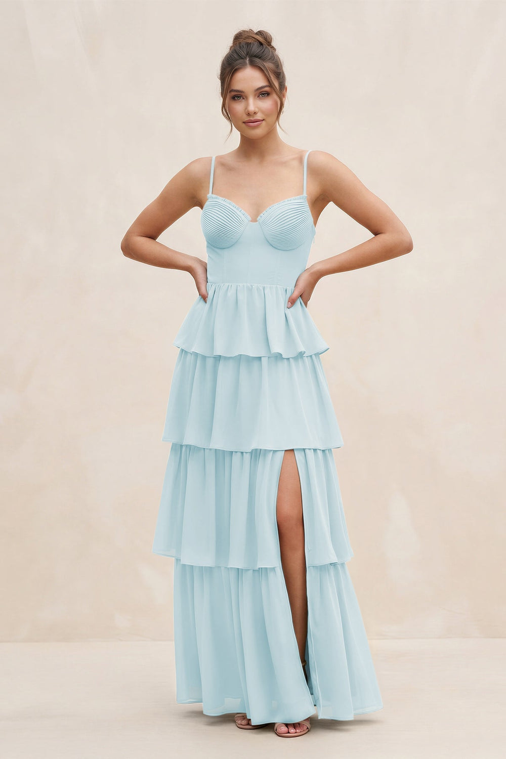 Cami Strap Tiered A - Line Chiffon Bridesmaid Dress in Sky Blue - KISS BRIDAL Bridesmaid Dresses