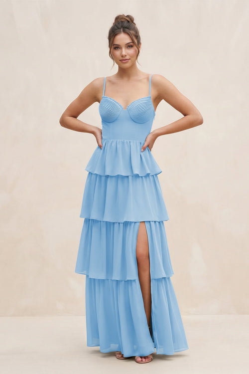 Cami Strap Tiered A - Line Chiffon Bridesmaid Dress in Steel Blue - SHE IS ME Bridesmaid Dresses