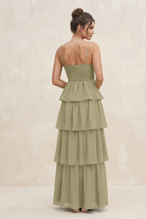 Cami Strap Tiered A - Line Chiffon Bridesmaid Dress in Thyme - SHE IS ME Bridesmaid Dresses
