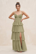 Cami Strap Tiered A - Line Chiffon Bridesmaid Dress in Thyme - SHE IS ME Bridesmaid Dresses