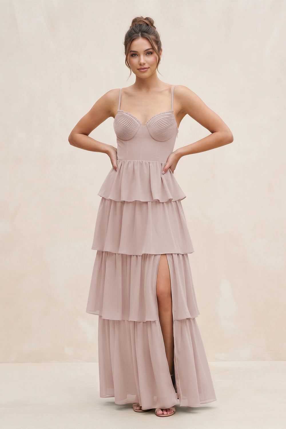 Cami Strap Tiered A-Line Chiffon Bridesmaid Dress in Toffee
