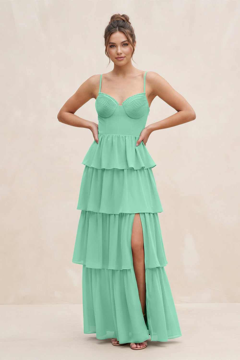 Cami Strap Tiered A - Line Chiffon Bridesmaid Dress in Turquoise - KISS BRIDAL Bridesmaid Dresses