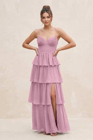 Cami Strap Tiered A - Line Chiffon Bridesmaid Dress in Vintage Mauve - SHE IS ME Bridesmaid Dresses